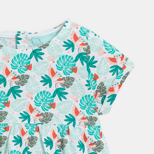 فستان جيرسيه قطن بطبعة استوائية باللون الأخضر للفتيات الصغيرات